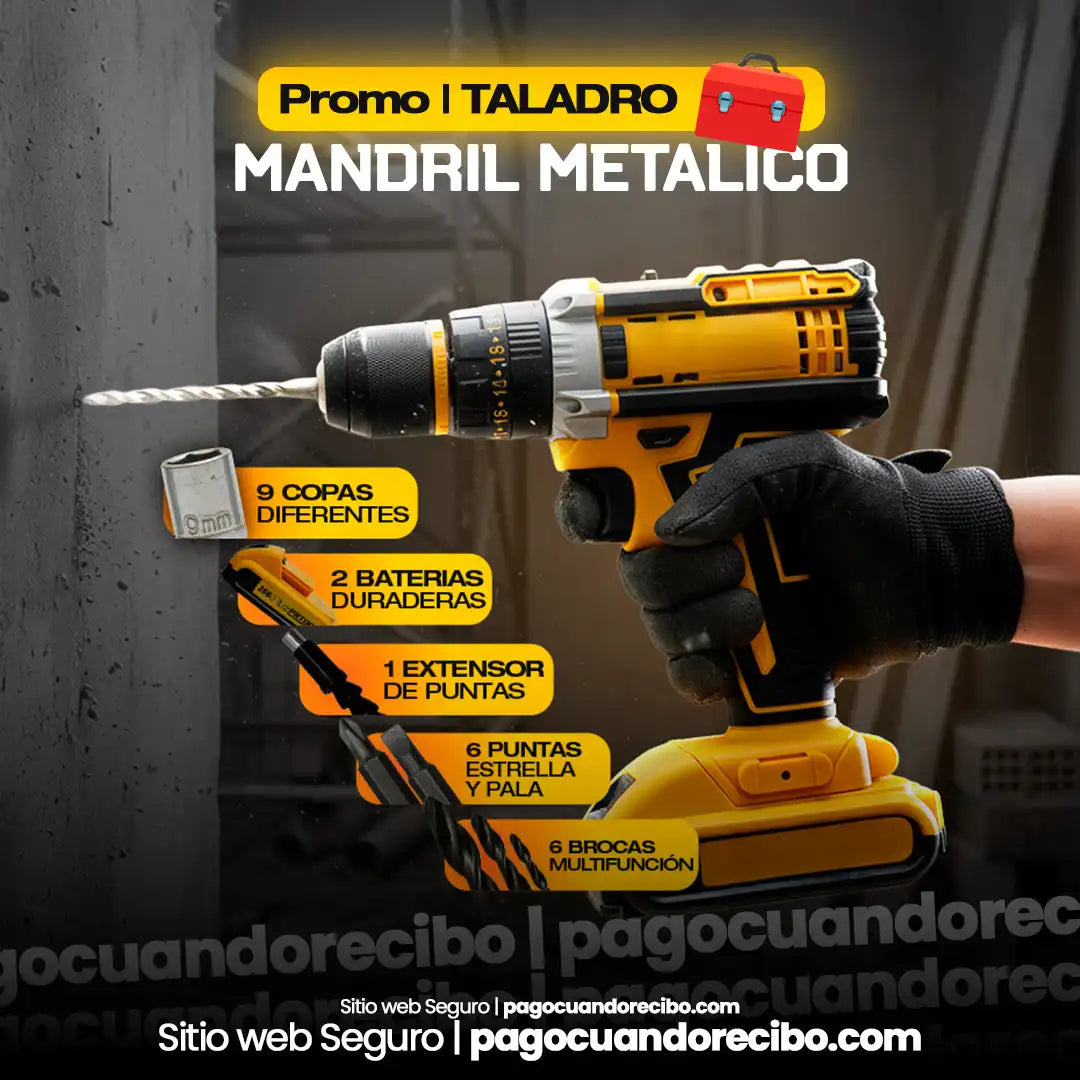 Kit Taladro Inalámbrico mandril metálico de 3/8 Amarillo